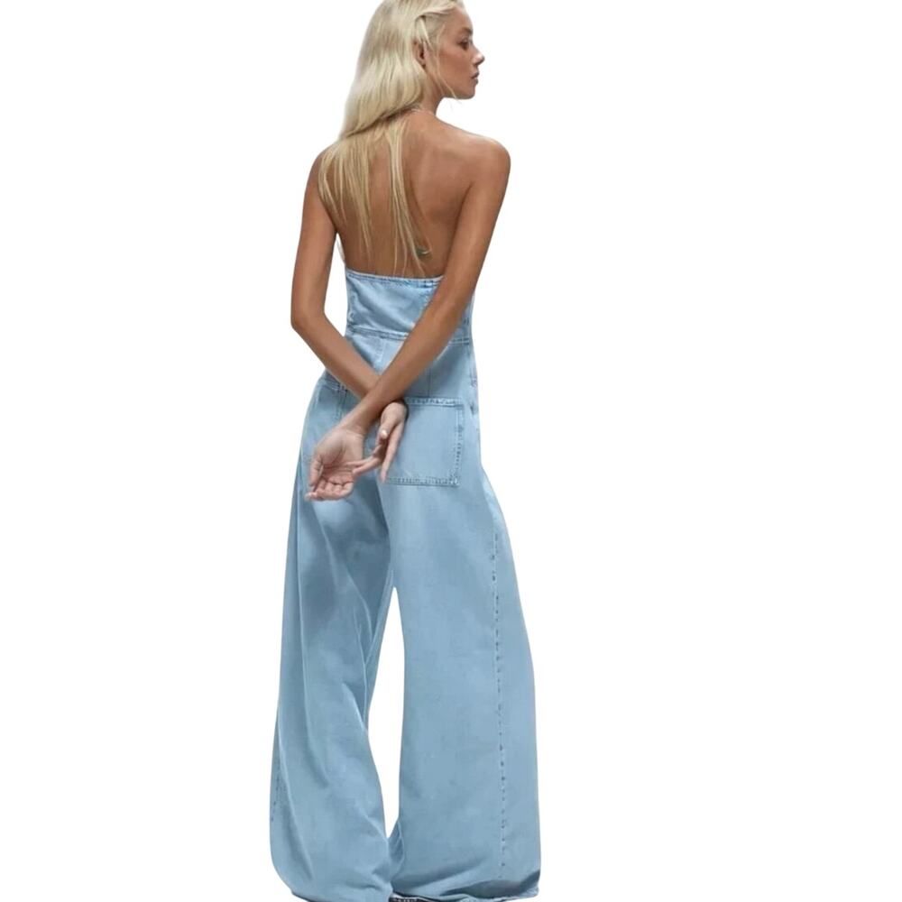 Halter Wide Leg Denim Jumpsuit
